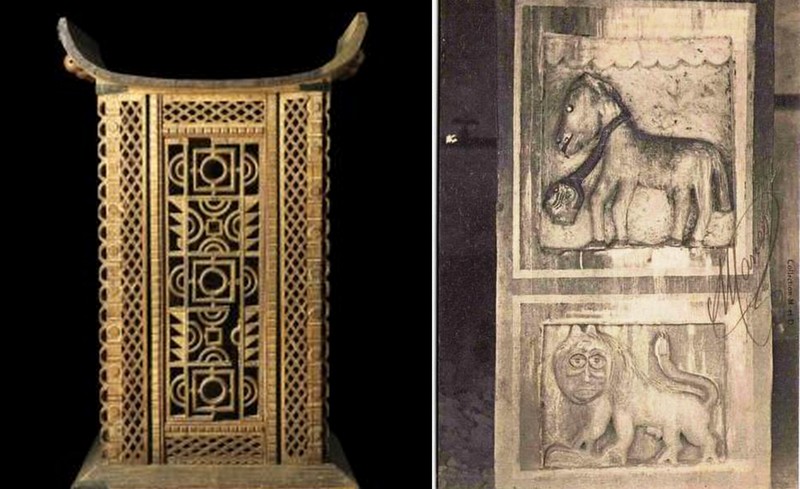 Left : Throne of Behanzin in the Museum of Quai Branly in France Right : Representations in the palace of Behanzin