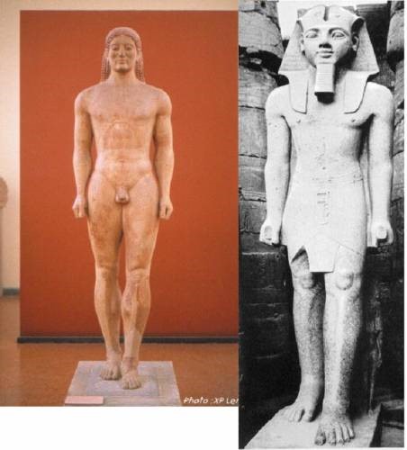 Greek statue & Egyptian statue using the same posture - standing with a foot before the other and the arms along the body. We can see that Egyptian sculptures influenced the first Greek sculptures.