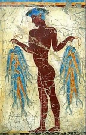 Minoan fresco (in Crete) representing a fisher with his fishes, 1500 years before the current era. Look at his skin!