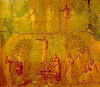 Prêtres égyptiens (les hommes noirs au centre de la peinture) en train derendre le culte d’Aïssata en Italie. Peinture du 1er siècle après JC, Musée National de Naples