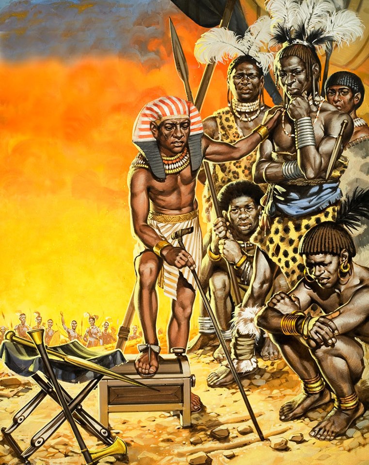 Le pharaon Kamessou, en compagnie des Nehesiou (Soudanais) Illustration d'Angus McBride