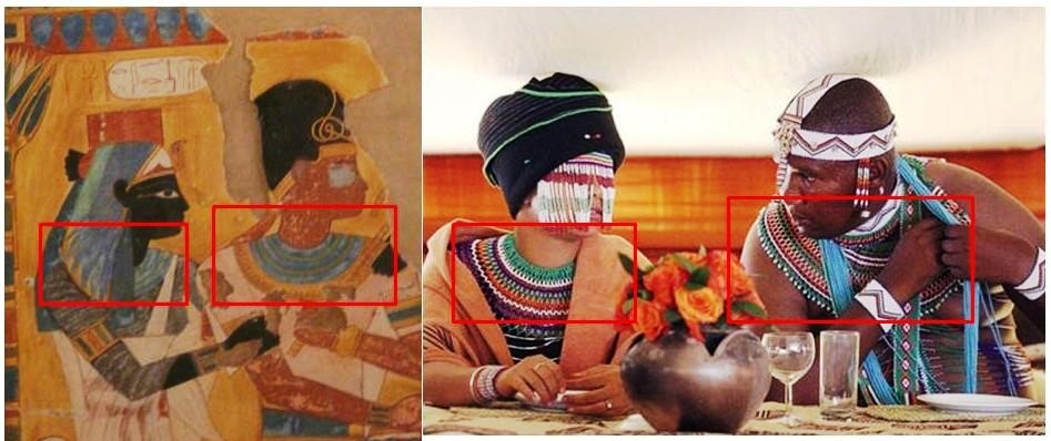 On the left: Yahmesu Neferet-Iry & her brother and husband Pharaoh Yahmesu. They are the founders of the 18th dynasty. On the right: The Xhosa chief Mandla Mandela, Nelson Mandela’s grand-son & one of his wives. The principle of the collar of the pharaohs exists also in South Africa.