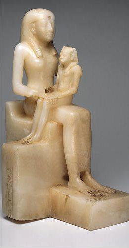 Pharaoh Pepi II and his mother Ankhnes-Mariri (Brooklyn Museum). Already a king, Pepi II is shown as a little boy under the care of the Queen-Mother
