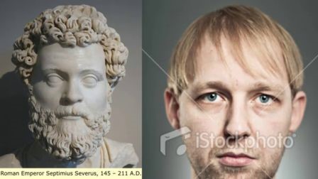 Sculpture representing the Roman Emperor Septimus Severus & a European man. Usually, when the European is not mixed, their hair is straight like the man on the right. Therefore we can clearly see that the Roman emperor has curly hair, balled up, what testifies his interbreeding.