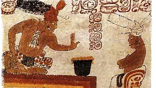 A Mayan forbidding another one to touch his chocolate pot. The University of Yale let us know that the Mayan writing was hieroglyphic like in Egypt. Source : Radio Canada 