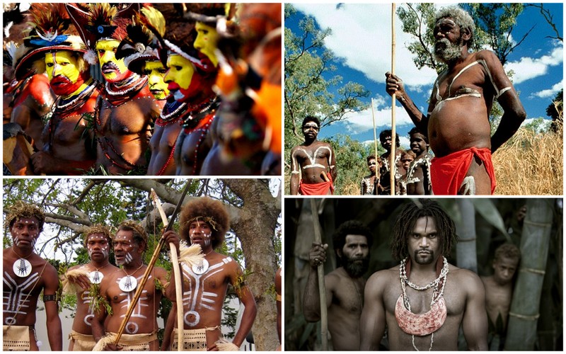 En haut à gauche : Les Noirs de Papouasie En haut à droite : Les Noirs d'Australie En bas à gauche : Les Noirs des îles Salomon En bas à droite : Le footballeur français Christian Karembeu, qui est un Noir de Nouvelle Calédonie