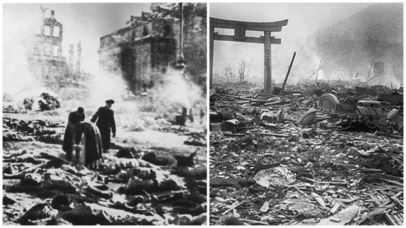 A gauche : comment les anglais ont aimé leurs ennemis allemands; Le bombardement de Dresde en Allemagne a fait 25 000 morts. C'était des bombardements gratuits, Dresde n'avait pas d'importance militaire A droite : Comment les Américains ont aimé leurs ennemis japonais. Le bombardement nucléaire d'Hiroshima a fait au moins 90 000 morts. 
