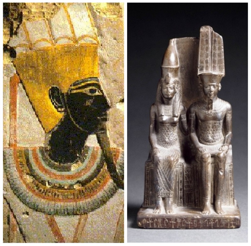Ama/ Imana/ Amani/ Amen/ Nyamien/ Nyambe/ Nzambe/ Nzambi etc... Dieu unique de l'Afrique, imaginé sous sa forme masculine (gauche, temple d'Hatchepsout); Et féminine et masculine (Musée du Louvre) 