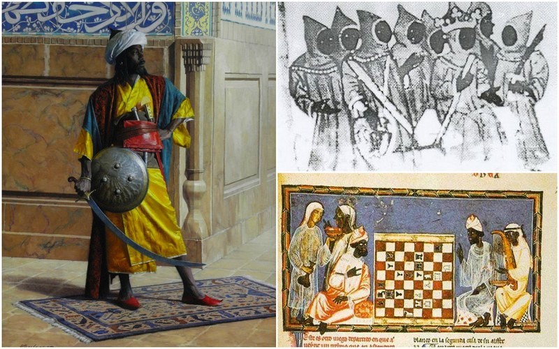 Berbers, also called Moors, as the Europeans saw them in Spain and Portugal Left: Illustration, unknown author Right, up: Moorish royal court in Spain (Source : Jean Philippe Omotunde for Africamaat) Right, down: Moorish dignitaries playing chess in Spain (Source : The Golden Age of The Moor, édité par Ivan Van Sertima, page 29)