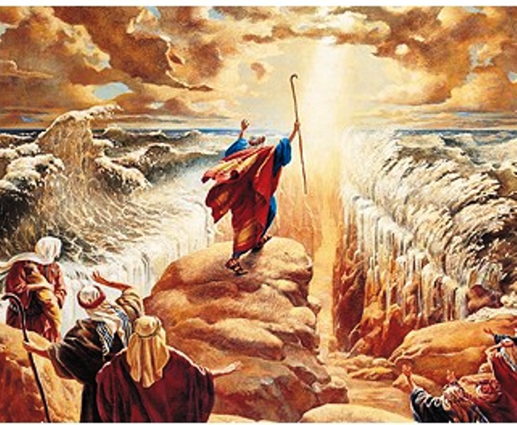 Illustration de Moise ouvrant la Mer rouge pour faire sortir les Hébreux d'Egypte. Il s'agit là d'une fable absolument grotesque. Aucun pharaon n'est mort noyé dans la mer 