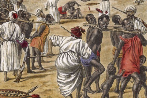 Illustration d'une caravane de négriers arabes déportant des Africains à travers le désert