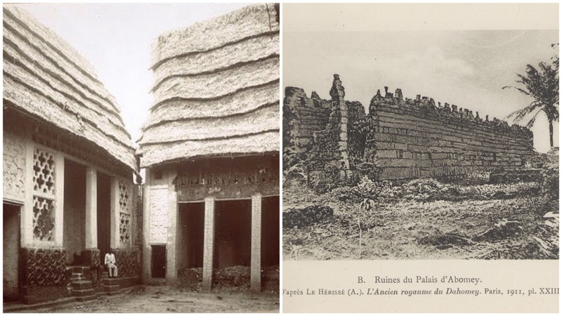 Les civilisations africaines ayant survécu à la traite ont été achevées par la colonisation. Les résistances à l'invasion coloniale ont été véritablement héroïques. Des Africains se jeter carrément sur les canons pour empêcher l'avancée des Européens, et étaient explosés en pièce. Des villages furent rasés et seuls quelques personnes survécurent dans certains cas. Image : architecture de la civilisation Ashanti (Ghana) à gauche, civilisation du Danhomé (Bénin) à droite