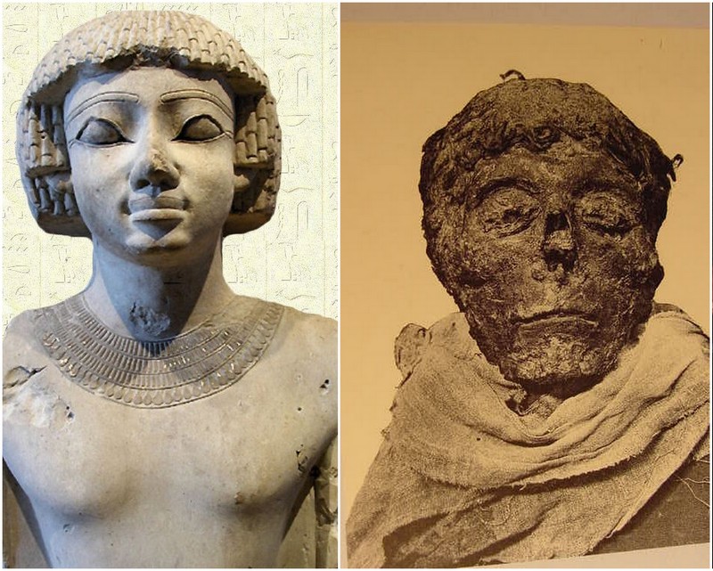 Le grand pharaon Yahmessou, vivant à gauche avec des locks et à droite décédé avec des cheveux lisses