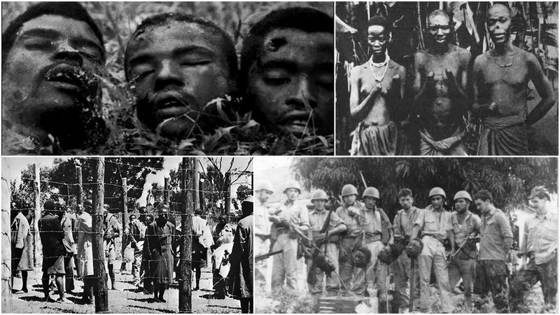 En haut à gauche : les têtes coupées des indépendantistes camerounais par la France En haut à droite : les mains coupées des congolais sous les ordres des colons belges En bas à gauche : un camp de concentration des Anglais au Kenya ou on infligeait aux indépendantistes des tortures innommables. On les faisait notamment rôtir vivants En bas à droite : les têtes coupées des indépendantistes mozambicains par les Portugais