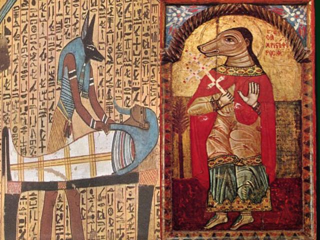 La divinité Anubis (première image datée de l'époque pharaonique) est devenue Saint Christophe (deuxième image datée du XVIIeme siècle détenue au Musée Byzantin). Dans l'histoire d'Osiris et Isis, Anubis est la divinité qui aide Isis à embaumer et momifier le corps d'Osiris (Osiris étant la première momie.) Ceci nous donne une preuve supplémentaire des rites que pratiquaient ceux qu'on appelle officiellement les premiers chrétiens.