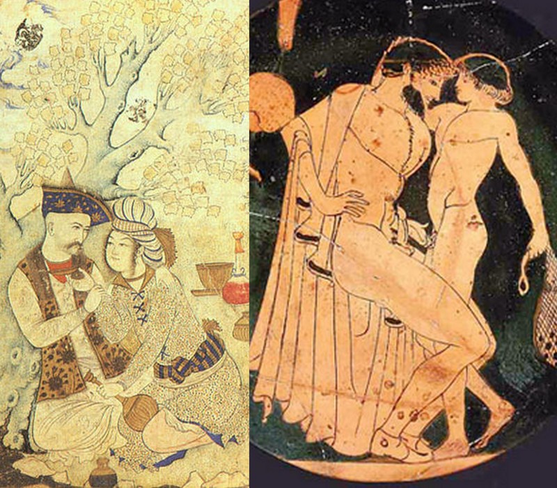 A gauche : peinture perse du 17e siècle montrant le Shah (roi) Abas I avec un serviteur. La proximité entre les deux laisse peu de doute sur les intentions A droite : relation entre un homme adulte et un adolescent dans l'antiquité, Grèce