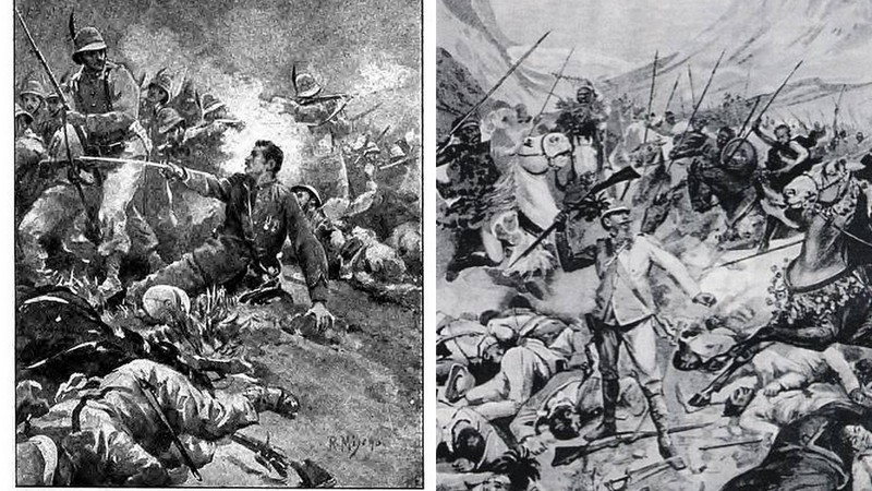 Représentations de la bataille d'Adoua retrouvées sur des sites italiens. Comme vous pouvez le voir ici, les éthiopiens ont les corps découverts et sont armés de lances. Nous ne savons pas si c'est à l'avantage des italiens de dire qu'ils ont perdu face à des soldats armés de lances.