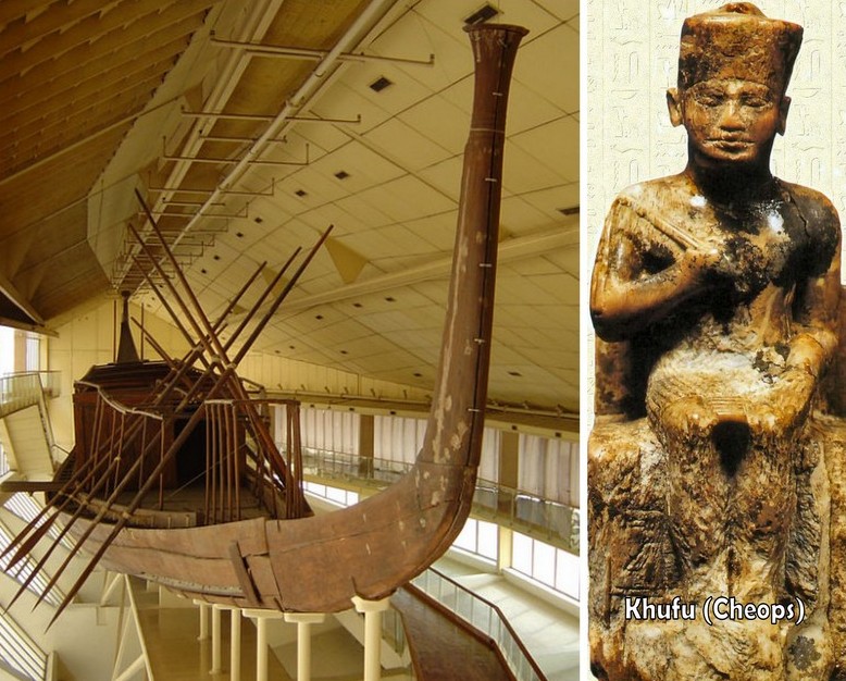 Le bateau du pharaon Khoufou (Khéops) ici à droite, . Il mesure 43 mètres. Il ne peut pas naviguer. Il a probablement servi à des cérémonies religieuses.