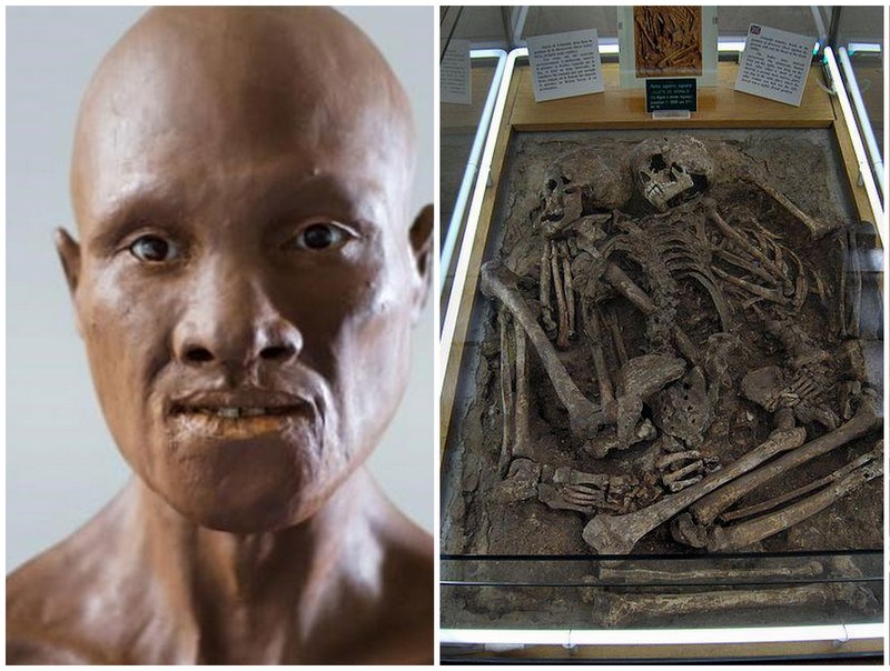 L'homme de Grimaldi, le premier habitant de l'Europe, vieux de près de 40 000 ans Reconstitution de son visage diffusée par la BBC A droite squelettes des premiers habitants noirs de l'Europe, conservés au musée de Monaco