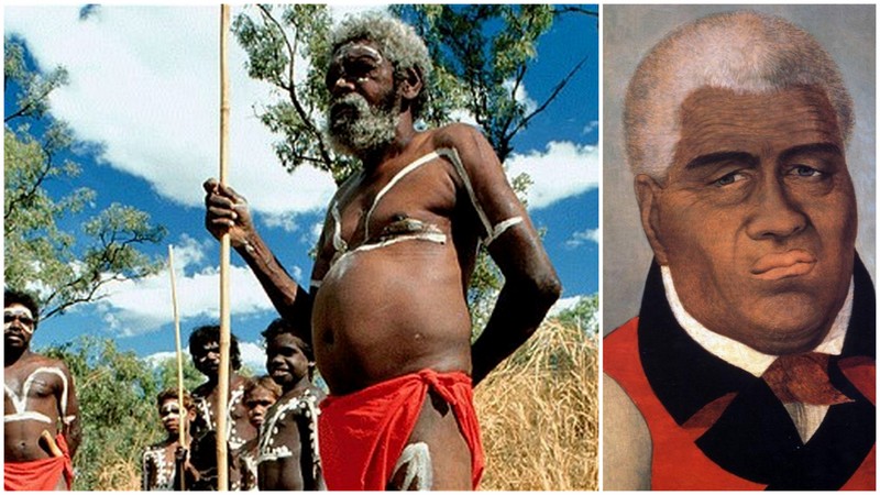 A gauche les Aborigènes d'Australie A droite Kamehameha, le fondateur noir du royaume d'Hawaï