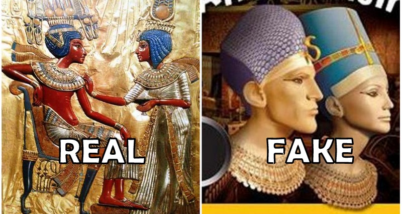 Left : Pharaoh Tuankha Imana (Tutankhamun) and his wife queen of Egypt Ankh Sen Imana, daughter of Akhenaton and Nefertiti Right : Book cover on Egyptians published in the West and Asia. The noses are so sharp that they could tear the cover. This imaginary pharaoh is also very handsome with his tiny knots of the miliatry pharaonic helmet which represent frizzy hair. We are amazed.