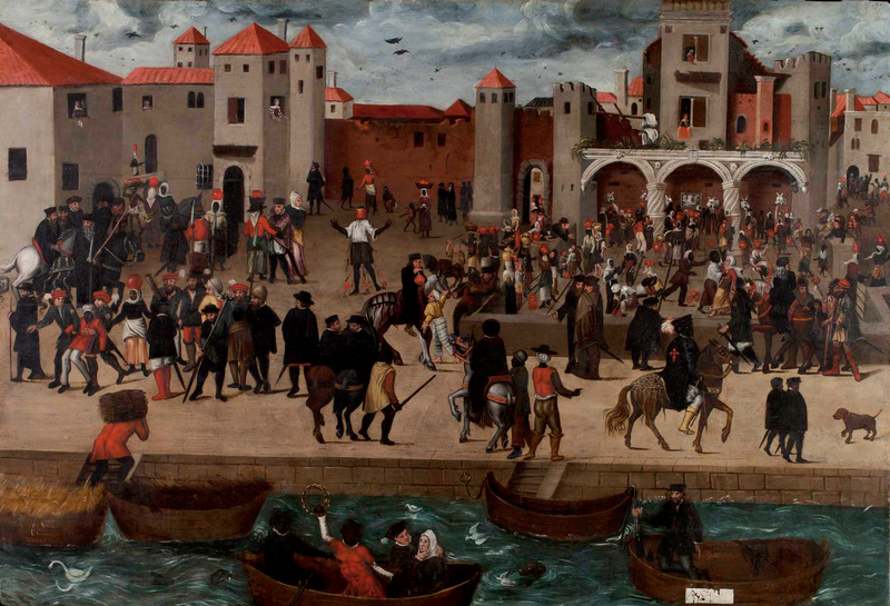 Peinture de Lisbonne 16e siècle par un auteur néerlandais On voit les Maures après leur défaite. Il y a près d'une quarantaine de Noirs libres sur cette image. Ils portent des croix, ils sont donc déjà christianisés Source : Walters Museum